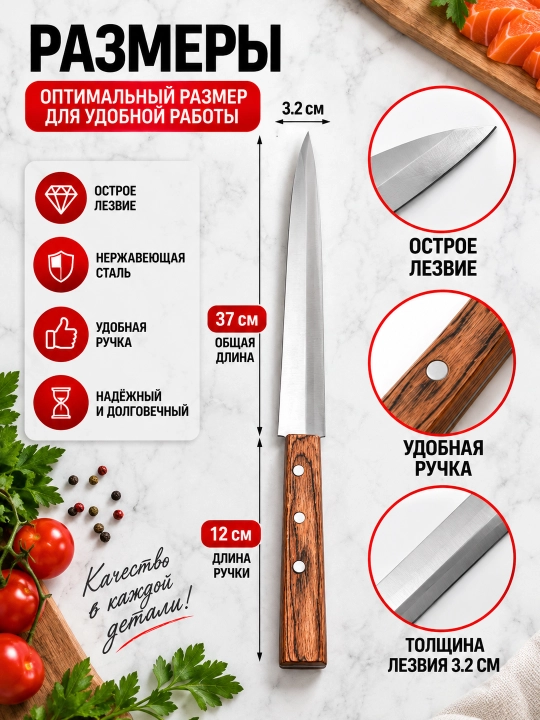 Yog‘och dastali va himoya g‘ilofli oshxona pichog‘i, 37 sm