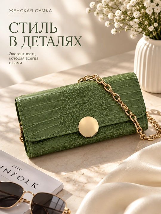 Женская сумка-клатч на цепочке с золотистой застежкой и фактурой под крокодила через плечо