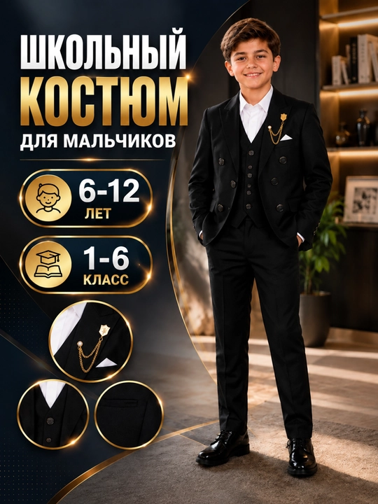 O‘g‘il bolalar uchun premium qora klassik maktab kostyumi, 3 qismli, 6–12 yosh - 