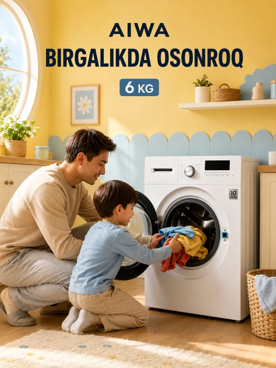 AIWA 6 kg avtomatik kir yuvish mashinasi, oldindan yuklanadigan, oq rang