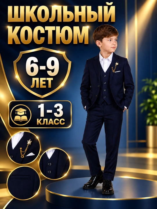 O‘g‘il bolalar uchun premium qora klassik maktab kostyumi, 3 qismli, 6–9 yosh - 
