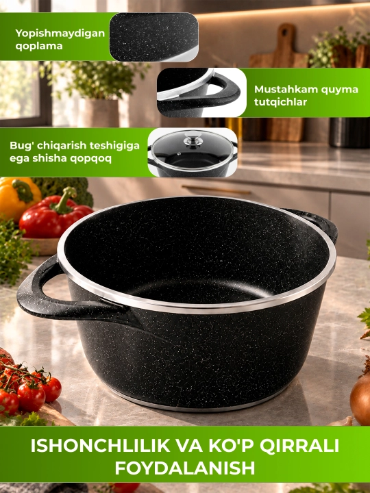 Казан UAKEEN, кастрюля, стеклянная крышка, гранитное антипригарное покрытие, 4,5/5,4/6,5 л