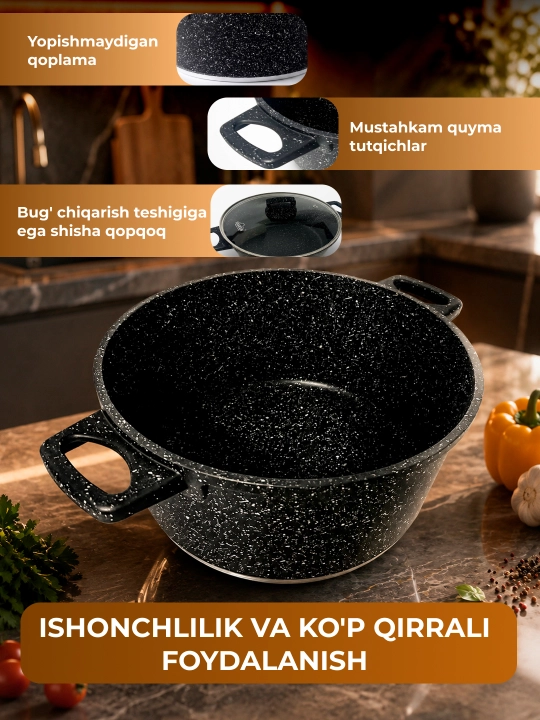Казан UAKEEN, кастрюля, стеклянная крышка, гранитное антипригарное покрытие, 4,5/5,4/6,5 л