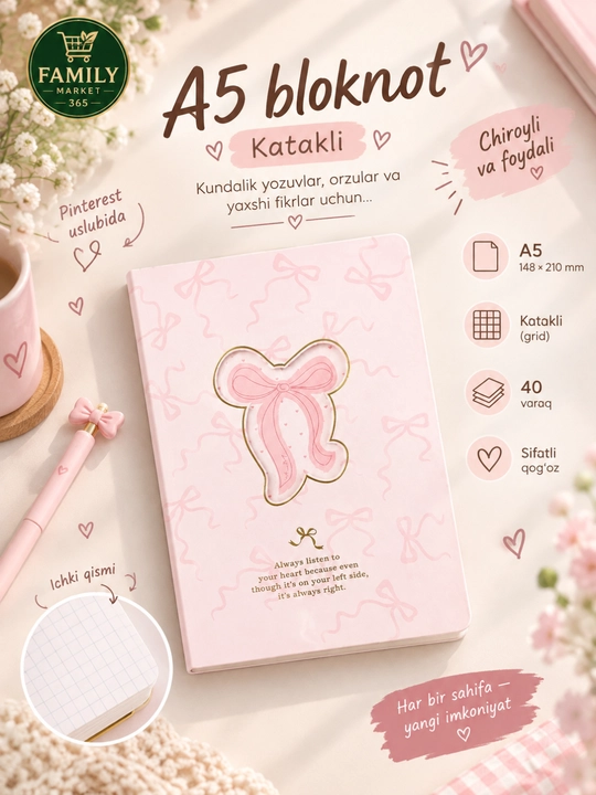 Estetik A5 bloknot, katakli, Pinterest uslubida, 40 varaq, dizayn - 