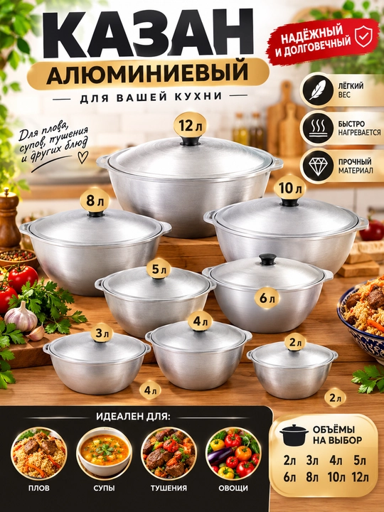 Казан алюминиевый, 2,3,4,5,6,8,10,12 литр - 