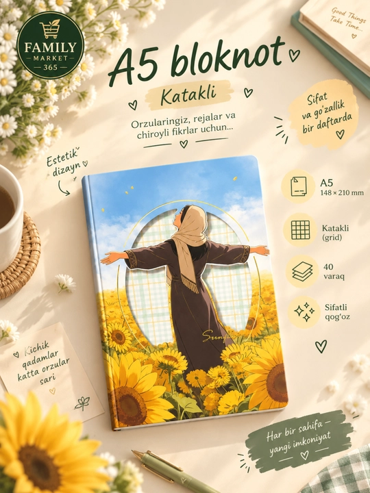 Estetik A5 bloknot, katakli, Pinterest uslubida, 40 varaq, dizayn - 