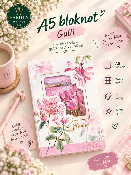 Estetik A5 bloknot, katakli, Pinterest uslubida, 40 varaq, dizayn - 