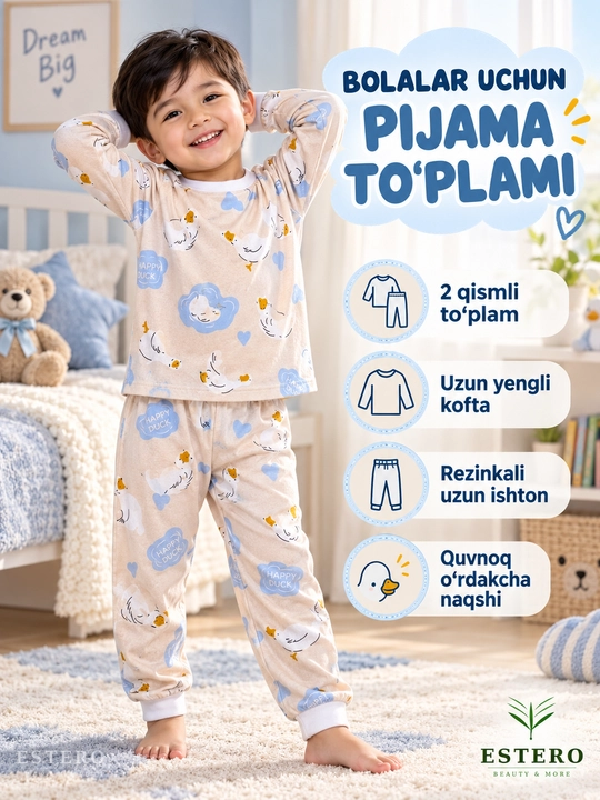 Bolalar pijamasi, 2 ta buyum to‘plami, uzun yengli, o‘rdakcha naqshli shim