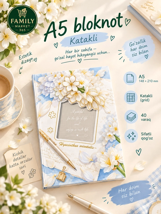 Estetik A5 bloknot, katakli, Pinterest uslubida, 40 varaq, dizayn - 