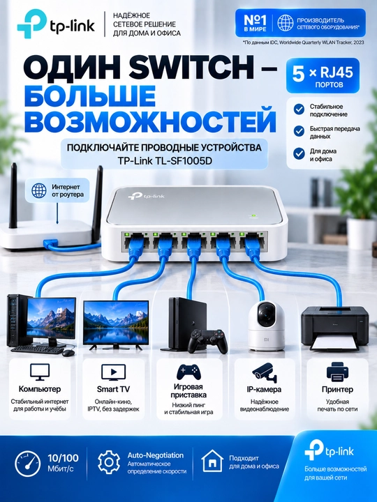 Сетевой коммутатор TP-Link TL-SF1005D, 5-портовый свитч, 10/100 Мбит/с