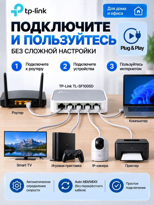 Сетевой коммутатор TP-Link TL-SF1005D, 5-портовый свитч, 10/100 Мбит/с