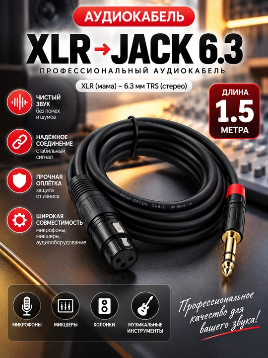 Аудиокабель Jack 6.5 — XLR Stereo, 1.5 м, кабель для подключения аудиотехники
