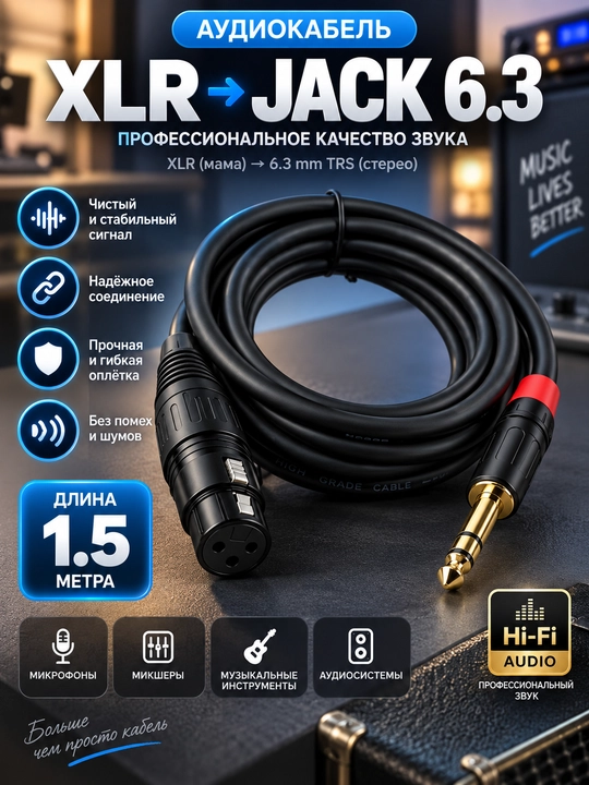 Аудиокабель Jack 6.5 — XLR Stereo, 1.5 м, кабель для подключения аудиотехники
