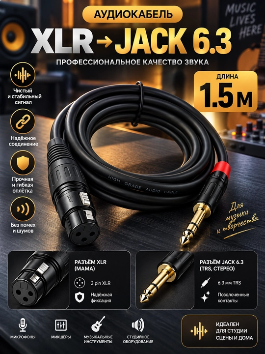 Аудиокабель Jack 6.5 — XLR Stereo, 1.5 м, кабель для подключения аудиотехники