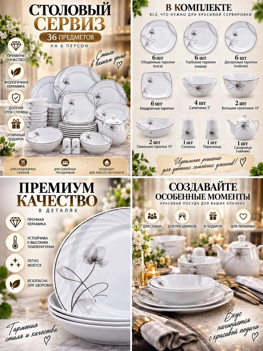 Набор столовой посуды, 36 предметов н 6 персон, кухонные принадлежности, тарелки и косушки