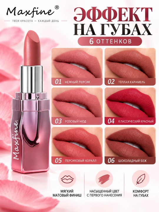 Maxfine chidamli xira lab bo‘yog‘i, yorqin va yorqin ranglarda, namlovchi, 6 xil rangda - 