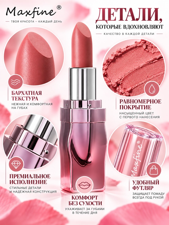 Maxfine chidamli xira lab bo‘yog‘i, yorqin va yorqin ranglarda, namlovchi, 6 xil rangda