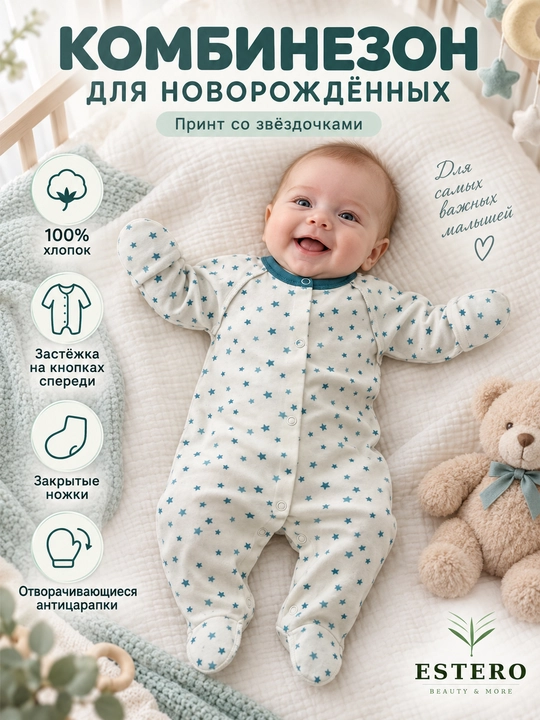 Комбинезон для новорождённых, 100% хлопок, закрытые ножки, антицарапки звёздочки