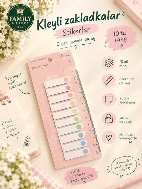Kleyli zakladkalar-stikerlar, 10 rangli, chizg‘ich bilan - 