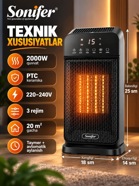 Тепловентилятор Sonifer SF-6539, керамический PTC, 2000 Вт, сенсорный, с таймером - 