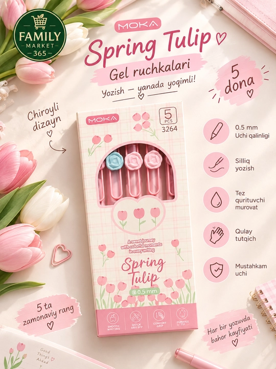 MOKA Spring Tulip gel ruchkalari, 5 dona, 0.5 mm - 