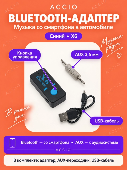 Bluetooth AUX/USB-адаптер для автомобиля, аудиоприёмник 3,5 мм - 
