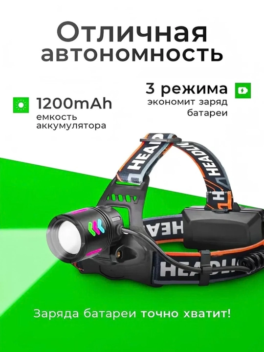 Akkumulyatorli LED peshona fonari, USB, Power Bank,7 rejimli, turizm va baliq ovlash uchun