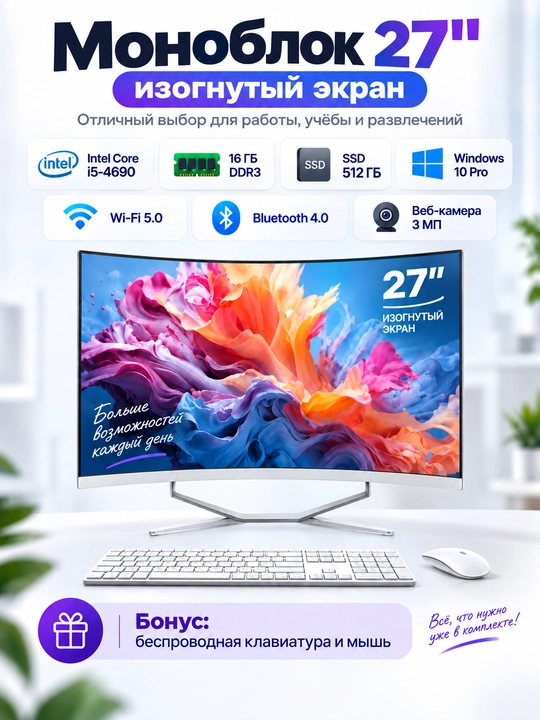 Моноблок, 27-дюймовый изогнутый, Intel Core i5-4690, 16GB RAM, 512GB SSD, Windows 10 Pro - 