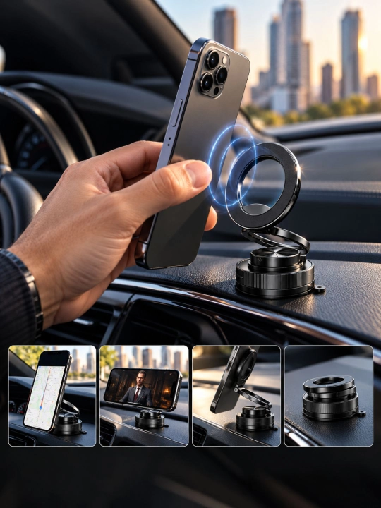 LX-010 avtomobil uchun magnitli telefon ushlagich, vakuumli taglik, 360° aylanuvchi - 