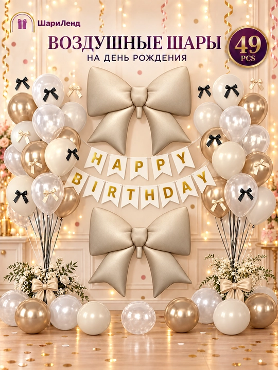 Tug‘ilgan kun uchun sharlar to‘plami, bantlar va Happy Birthday girlyandasi bilan, 49 dona - 