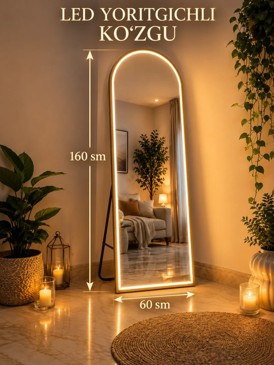 Напольное зеркало 160×60 см, золотая рама, с LED-подсветкой и без неё