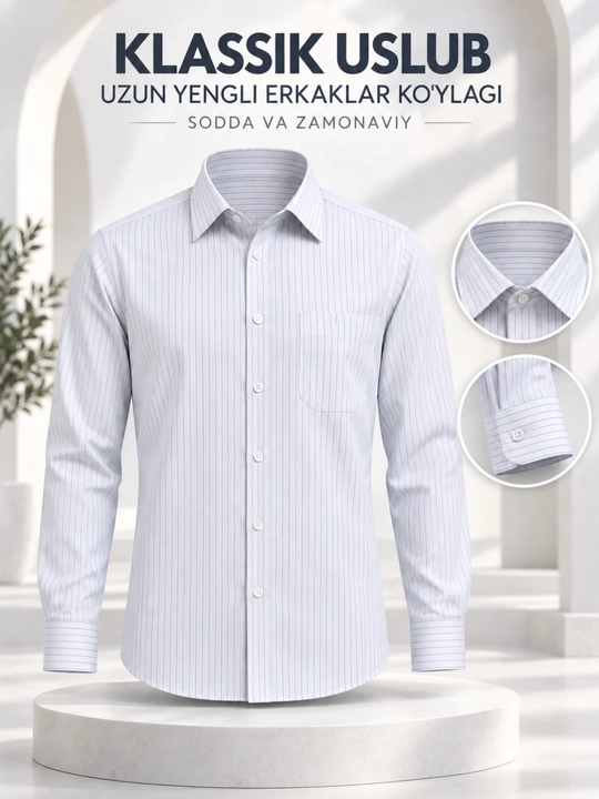 Erkaklar uchun klassik yo‘l-yo‘l ko‘ylak, uzun yengli, ofis va kundalik uslub