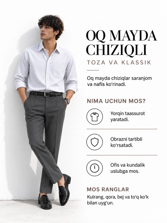 Erkaklar uchun klassik yo‘l-yo‘l ko‘ylak, uzun yengli, ofis va kundalik uslub