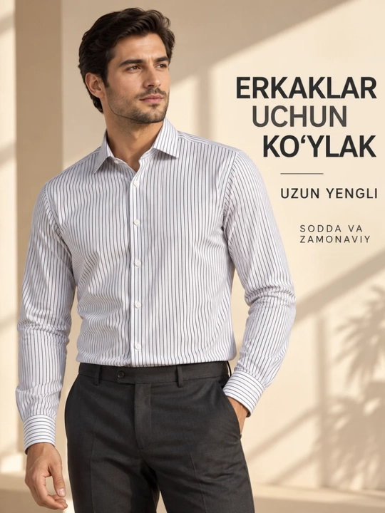 Erkaklar uchun klassik yo‘l-yo‘l ko‘ylak, uzun yengli, ofis va kundalik uslub