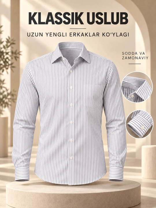 Erkaklar uchun klassik yo‘l-yo‘l ko‘ylak, uzun yengli, ofis va kundalik uslub