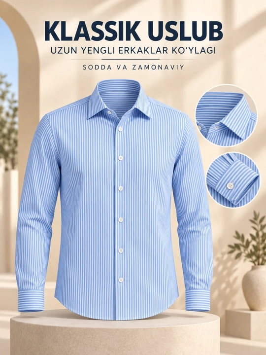 Erkaklar uchun klassik yo‘l-yo‘l ko‘ylak, uzun yengli, ofis va kundalik uslub