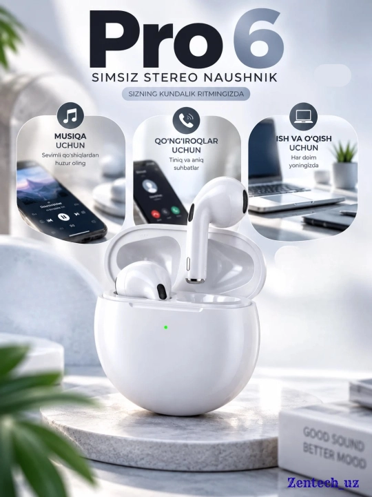 Pro 6 simsiz stereo naushnik, Bluetooth quloqchin, musiqa va qo‘ng‘iroqlar uchun zamonaviy