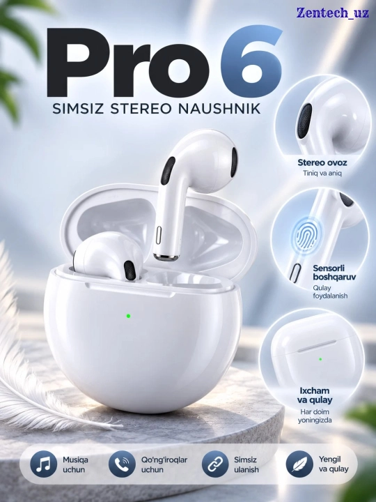 Pro 6 simsiz stereo naushnik, Bluetooth quloqchin, musiqa va qo‘ng‘iroqlar uchun zamonaviy