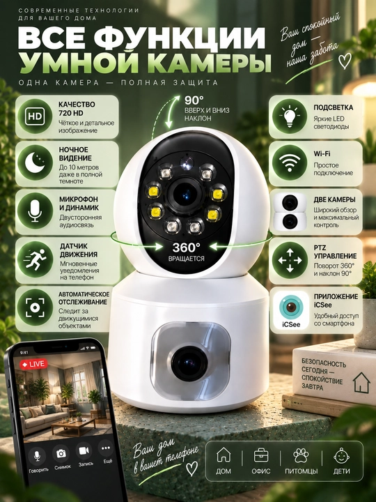 Aqlli Wi-Fi kamera, videokuzatuv kameralari, 360° Full HD kamera
