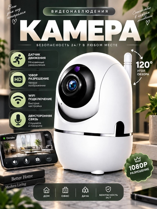 Aqlli Wi-Fi kamera, videokuzatuv kameralari, 360° Full HD kamera - 
