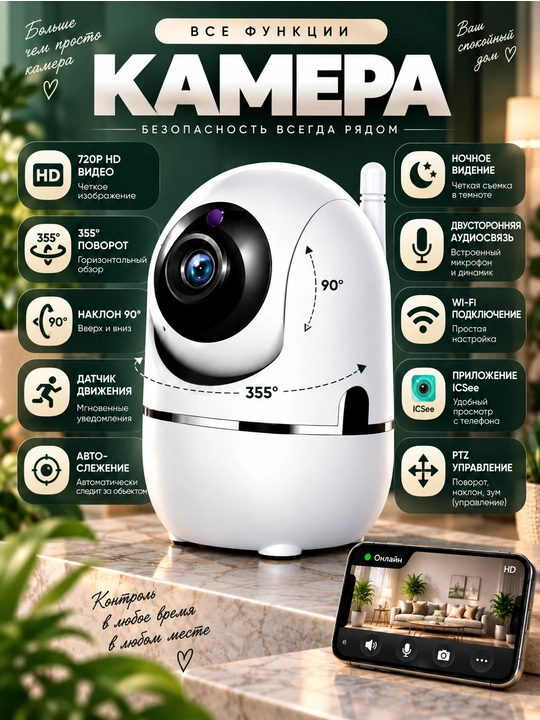 Aqlli Wi-Fi kamera, videokuzatuv kameralari, 360° Full HD kamera