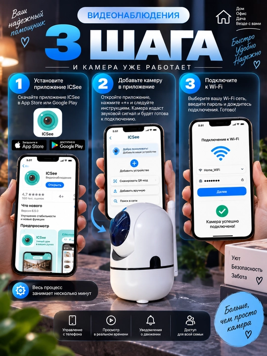 Aqlli Wi-Fi kamera, videokuzatuv kameralari, 360° Full HD kamera