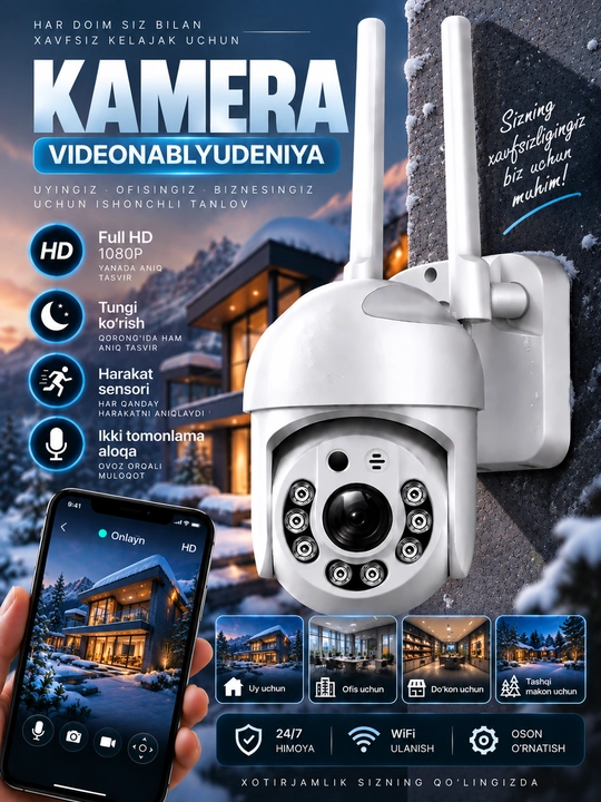 Aqlli Wi-Fi kamera, videokuzatuv kameralari, 360° Full HD kamera - 