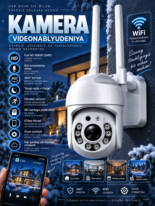 Aqlli Wi-Fi kamera, videokuzatuv kameralari, 360° Full HD kamera