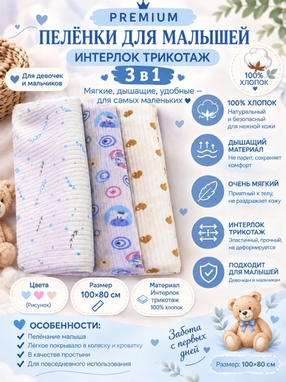 Трикотажная пеленка интерлок для детей, 100 * 80 размер - 