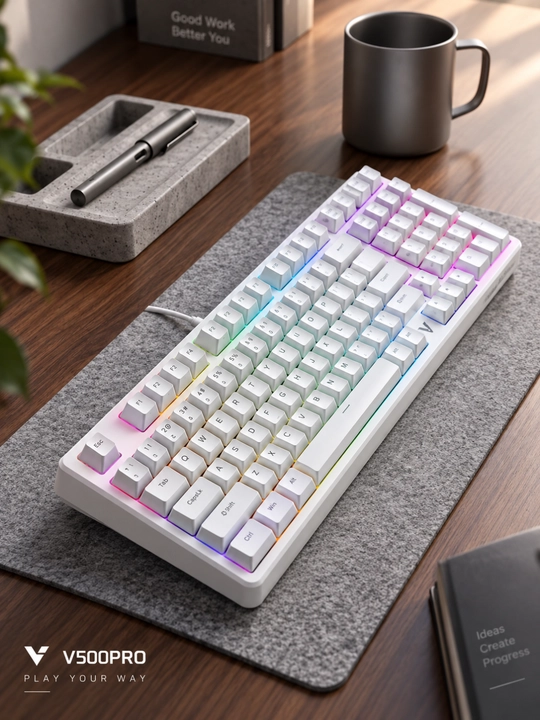 V500PRO-98 White mexanik geymer klaviaturasi, RGB, 98 tugma, USB Type-C, oq