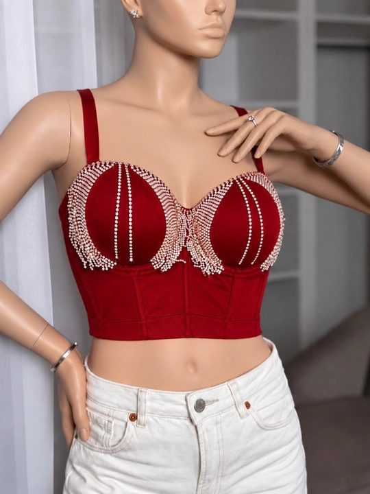 Женский чёрный корсет-бюстье с декоративными стразами - 