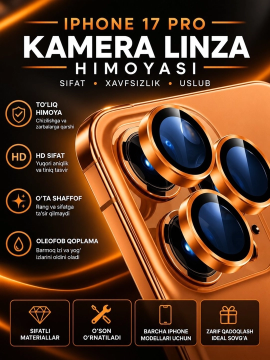 Kamera uchun himoya oyna iPhone 13 Pro, 11, 12, 14, 15, 16, 17 Pro/Pro Max g`ilof - 