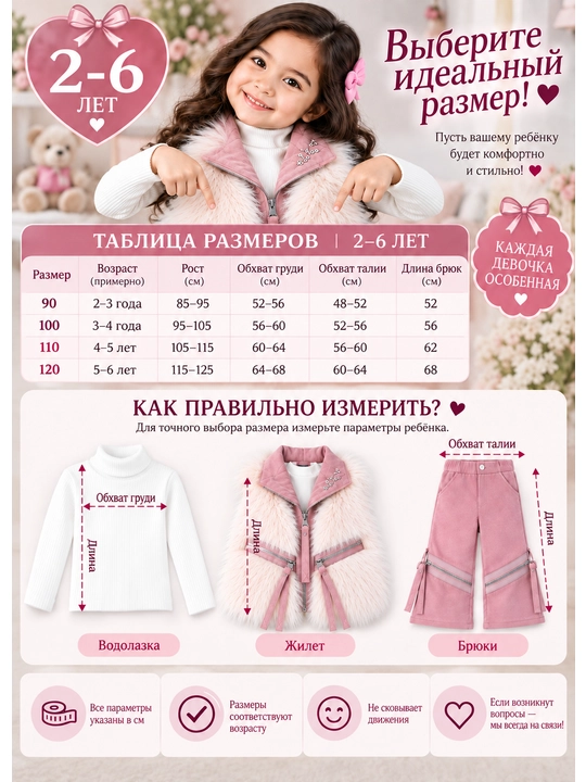 Комплект для девочки 2–6 лет, костюм-тройка, меховая жилетка, водолазка и брюки