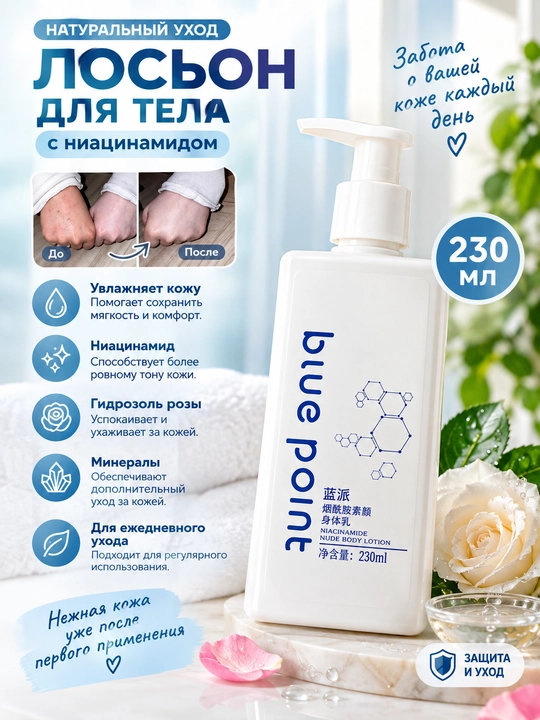 BLUE POINT Лосьон для тела, с ниацинамидомдля лица и тела, с витамином Е, увлажняющий, 230 мл